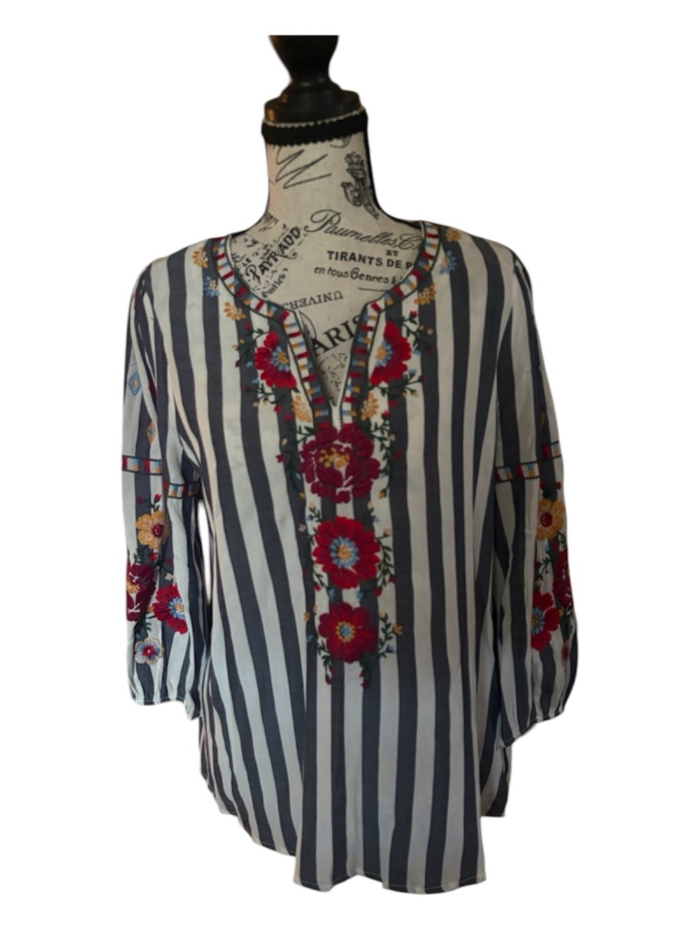 Savanna Jane Navy & White Striped Tunic with Red Floral Embroidery
